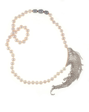 Avalon Pearl Necklace Naughton Braun - Single strand white freshwater pearls 10mm, with three silver baroque pearls 11-12mm, interspersed with gold colored accents and white gold-washed colored chain (7”), pearls individually hand-knotted on natural silk, 26” in length.