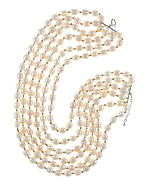 Beauchamp Place - Pearl Necklace 6 strand, freshwater white rice pearls 9.5-10.5mm, interspaced with silver color beads, on individually hand-knotted natural silk with silver metal lobster claw and jump chain.