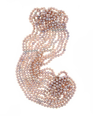 Bonaire - Pearl Necklace, six strand, natural pink freshwater pearls 7.5-8mm, with silver spacer bars(1.5”), handset with CZs, on individually hand-knotted natural silk, strands vary from 28” to 42” in length