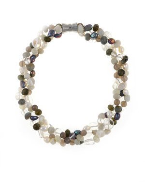 Pearl Necklace Accented with Stones, Boulder Brook Triple strand, white and charcoal freshwater potato pearls 8-9mm, crystal quartz, moonstone, agate, and jade on individually hand-knotted natural silk with rare earth mixed metal magnetic clasp.
