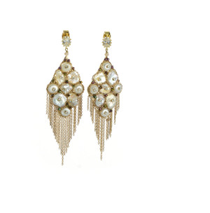 Burney Falls - Pearl Earrings, CZ stud dangle earrings
Hand set freshwater Keshi pearls inset with delicate Swarovski crystals and draping fine brass chain, and a Friction back