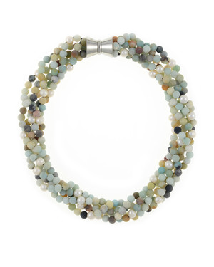 Freshwater pearl and gemstone necklace, Five strands, white freshwater pearls 7.5mm, untumbled multi-colored amazonite 6mm, on individually hand-knotted natural silk with rare earth mixed metal magnetic clasp, 18” in length