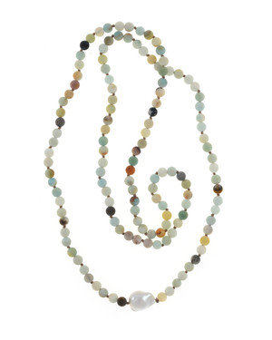Single strand pearl and gemstone necklace, single white freshwater biawa pearl 12-16mm, multi-colored untumbled amazonite 6mm, on individually hand-knotted natural colored silk