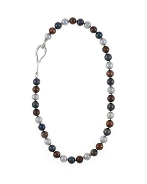 Charbonnel - Pearl Necklace, Single strand mixed color freshwater pearls (chocolate, charcoal, and platinum) 10-11mm, on individually hand-knotted brown silk, silver metal locking “S” clasp, 19” in length.