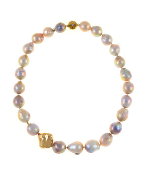 Cherry Blossom - Pearl Necklace, Single strand natural color pink and purple gold Edison pearls 14-17mm, with sterling silver bead dipped in 9K gold, on individually hand-knotted natural silk, featuring brushed gold tone double-sided magnetic moonlight clasp set with a single CZ.