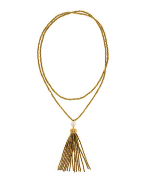 Cotton Club Collection* - Hematite and Pearl Jewelry, Single strand gold-tone hematite bead necklace with white freshwater pearl 9mm, suspended with CZ set gold-toned crown supporting hematite bead tassel, overall drop 3”, 32” in length.