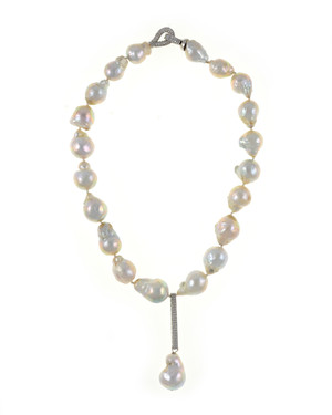 Denali - Pearl Necklace, Single strand freshwater white biawa pearls 13-15mm, exceptional lustre, pendant is 1.25” sterling silver set with CZs suspending a biawa pearl 17mm. Locking hook clasp set with CZs, individually hand-knotted on white silk, 17” in length, pendant drop and biawa pearl adds approximately 2.5” to overall length.