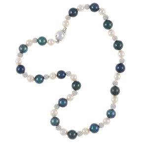 Geneva Pearl Necklace: Exceptional quality single strand, white freshwater pearls 7.5-8.5mm, black laser dyed freshwater pearls 10.5-11.5mm, set with silver Swarovski crystal studded beads 6mm, and shell pearl safety clasp 12mm, also set with CZ’s on individually hand knotted natural silk