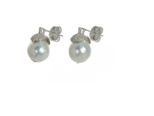 zoom Lucerne Pearl earrings: Single grey round freshwater biawa 10-11mm, with sterling silver CZ encrusted cap, and sterling silver friction back.