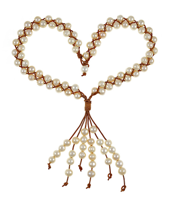 Lahaina - Pearl Necklace, 20” long, matinee length, 5” multi-strand (6) pearl pendant drop, 9.5-10.5 mm white freshwater pearls, double strand crisscross design with pearls woven into beige leather, woven leather catch with 11.5- 12 mm pearl