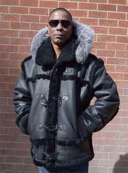 Black Leather Finish Sheepskin Fox Trim Hood Black Leather Finish Sheepskin Fox Trim Hood