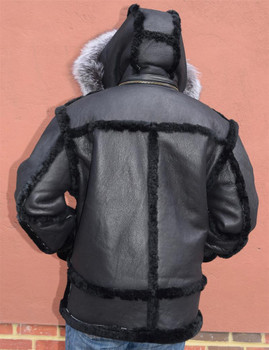 Black Leather Finish Sheepskin Fox Trim Hood Black Leather Finish Sheepskin Fox Trim Hood