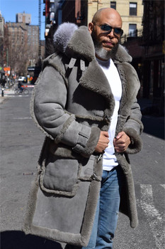 Three Quarter Mens Gray Sheepskin with Fox Collar Three Quarter Mens Gray Sheepskin with Fox Collar