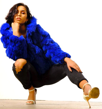Ladies Royal Blue Rabbit Bomber Fur Jacket Ladies Royal Blue Rabbit Bomber Fur Jacket