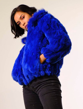 Ladies Royal Blue Rabbit Bomber Fur Jacket Ladies Royal Blue Rabbit Bomber Fur Jacket