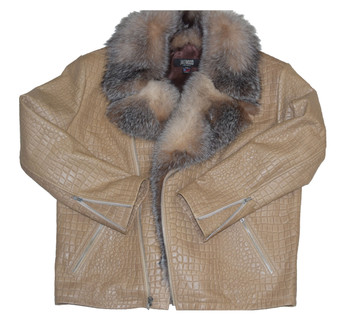 Embossed Leather Jacket with Fox Collar Embossed Leather Jacket with Fox Collar