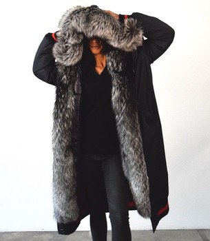 Long Blue Varsity DLNYC Fur Lined Jacket Long Blue Varsity DLNYC Fur Lined Jacket