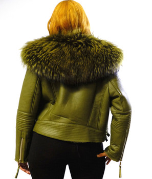 Ladies Short Green Shearling Jacket Fur Collar Ladies Short Green Shearling Jacket Fur Collar