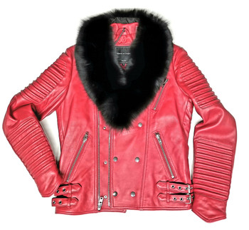 Ribbed Arm Red Motorcycle Jacket with fur collar Ribbed Arm Red Motorcycle Jacket with fur collar