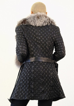 Black Embossed Leather Jacket with Fur Collar Black Embossed Leather Jacket with Fur Collar