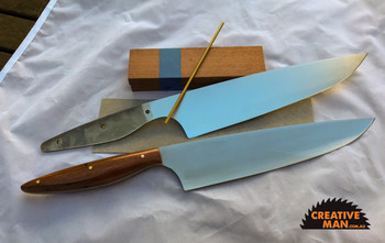Showing this Chef 220 blade in a kit and as a completed project, this one with Sydney Red Gum, white vulcanised spacers and brass 1/8" pins. Showing this Chef 220 blade in a kit and as a completed project, this one with Sydney Red Gum, white vulcanised spacers and brass 1/8" pins.