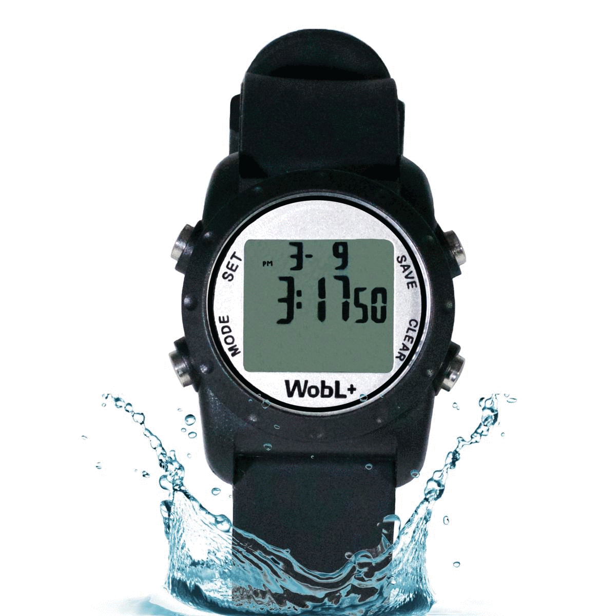 WobL+ Waterproof vibrating alarm watch in black, green, pink, and blue