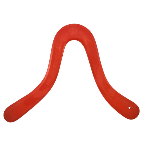 Boomerang Evolution Manu red polyamide with 30% fiber glass, range 30m, front (a right handed boomerang) Boomerang Evolution Manu red polyamide with 30% fiber glass, range 30m, front (a right handed boomerang)