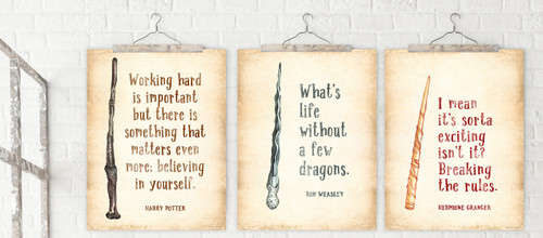 Harry Potter Quote Poster Set of 3 - Harry, Ron, Hermione Quotes. Fine Art Print for Classroom, Library, or Home.