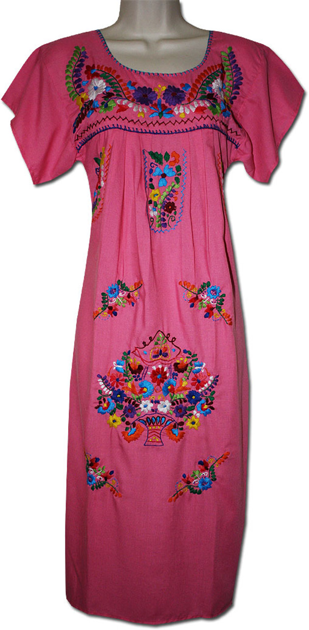 Women's Pink Mexican Embroidered Puebla Dress XL - My Mercado Mexican ...