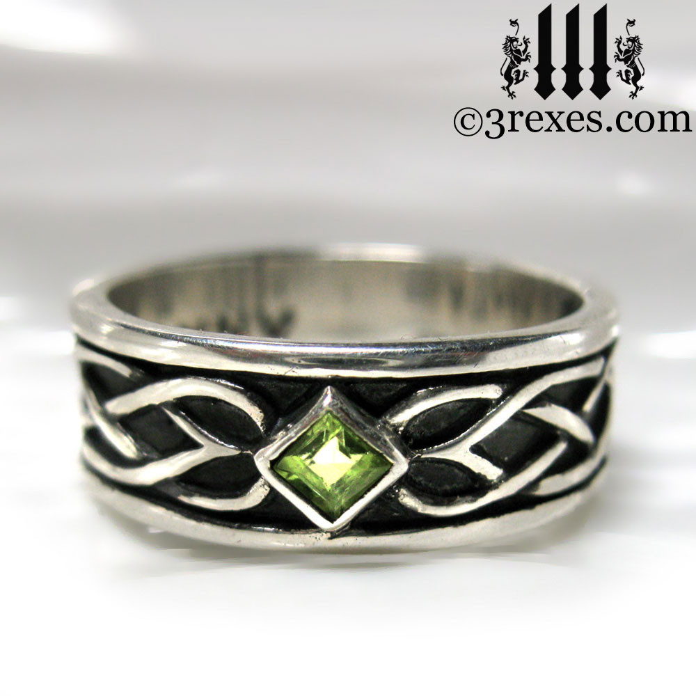 Celtic Knot Silver Soul Ring 925 Sterling 925 Sterling Silver Celtic Knot Soul Ring With Green Peridot Stone Mens Meval Wedding