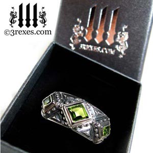 mens 3 kings wedding ring 925 sterling silver gothic band green peridot stone royal renaissance style for kings and queens - prestige ring box - by 3 rexes jewelry