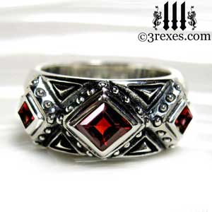 3 kings wedding ring mens silver gothic band with red garnet stone by 3 rexes jewelry
