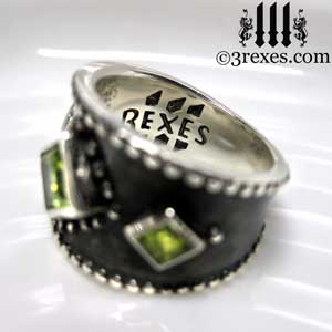 3-wishes-silver-medieval-wedding-ring-gothic-green-peridot-stones-wide-studded-engagement-band-dark-black-unisex-design-925 sterling side detail by 3 rexes jewelry