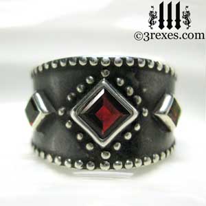3-wishes-silver-medieval-wedding-ring-gothic-red-garnet-stones-wide-studded-engagement-band-dark-black-patina-unisex-design-for women and men and royal kings and queens