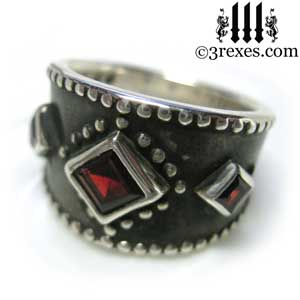 3-wishes-silver-medieval-wedding-ring-gothic-red-garnet-stones-wide-studded-engagement-band-with-dark-black-patina-unisex-design-for royal women and men