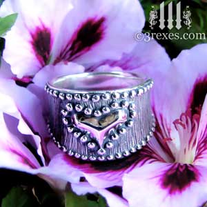 medieval-silver-studded-heart-ring-on-purple-flower-gothic-3-rexes-jewelry