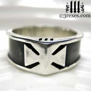 mens-silver-ring-knights-templar-iron-cross-band-rings with dark patina by 3 rexes jewelry 