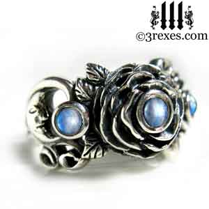 silver-rose-moon-spider-ring-gothic-blue-moonstone-wedding-engagement-band june birthstone by 3 rexes jewelry