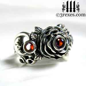 silver-rose-moon-spider-ring-gothic-red-garnet-stone-wedding-engagement-moon-side january birthstone by 3 rexes jewelry