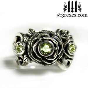 silver-rose-moon-spider-ring-green-peridot-stone-wedding-engagement-band august birthstone by 3 rexes.jewelry