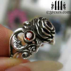 silver rose ring, silver spider ring, silver flower ring, with spider detail and red garnet stones january birthstone jewelry