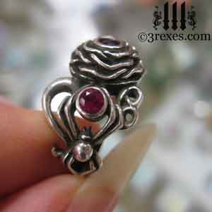 silver rose ring, moon ring, spider ring, moon side faceted red ruby stones July birthstone by 3 rexes jewelry