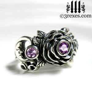 silver rose ring, silver moon ring, silver spider ring, silver flower ring, with spider detail and purple amethyst stones february birthstone jewelry