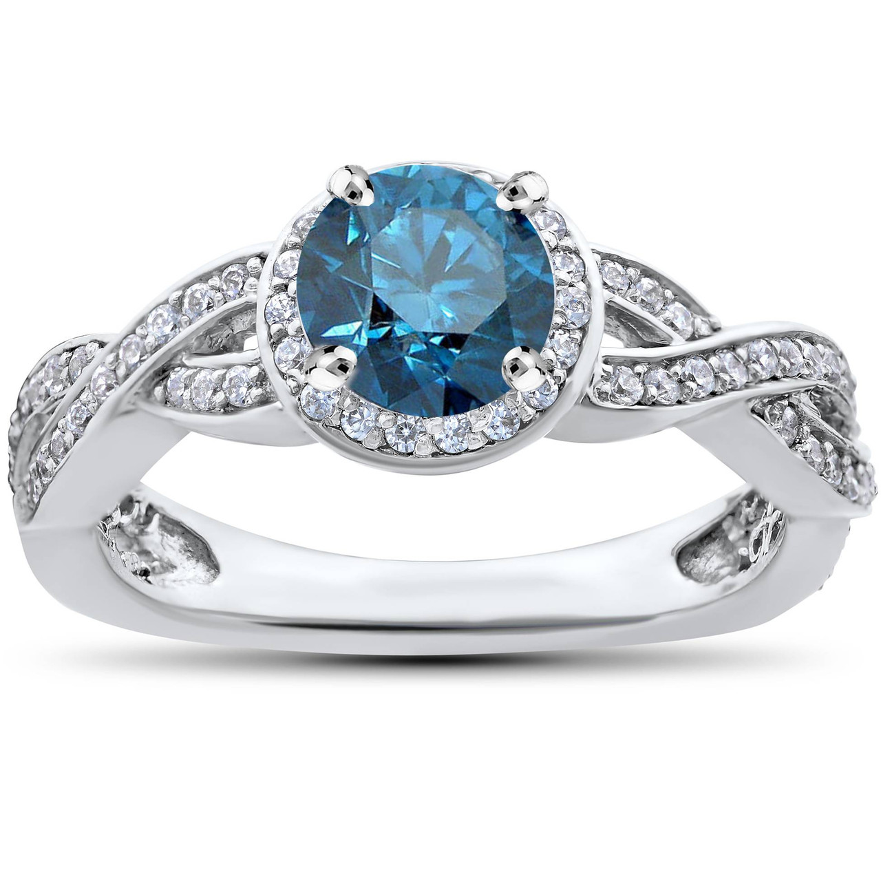 3/4ct Pave Halo Blue Diamond Engagement Ring 14K White Gold