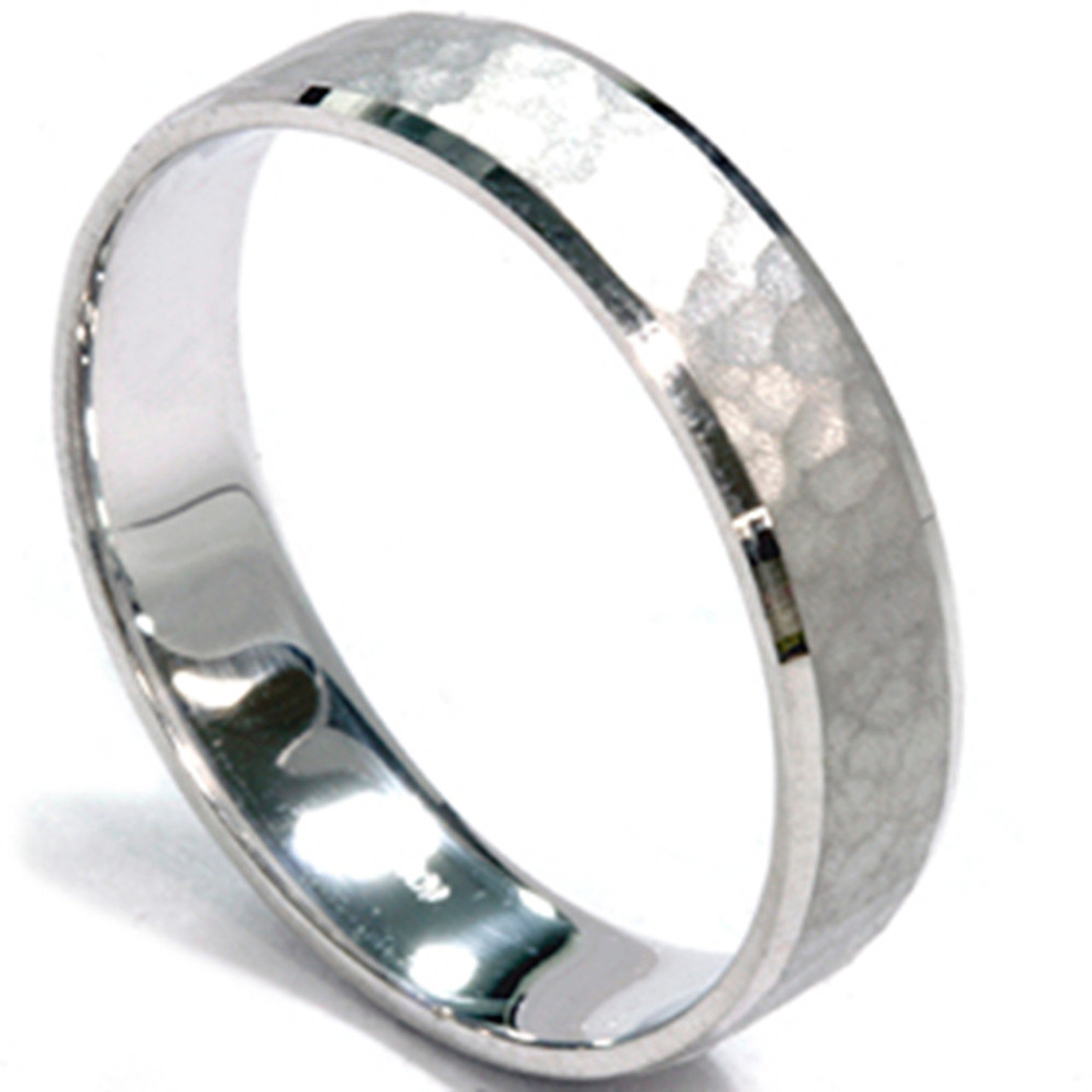 Mens 5mm White Gold Hammered Wedding Band