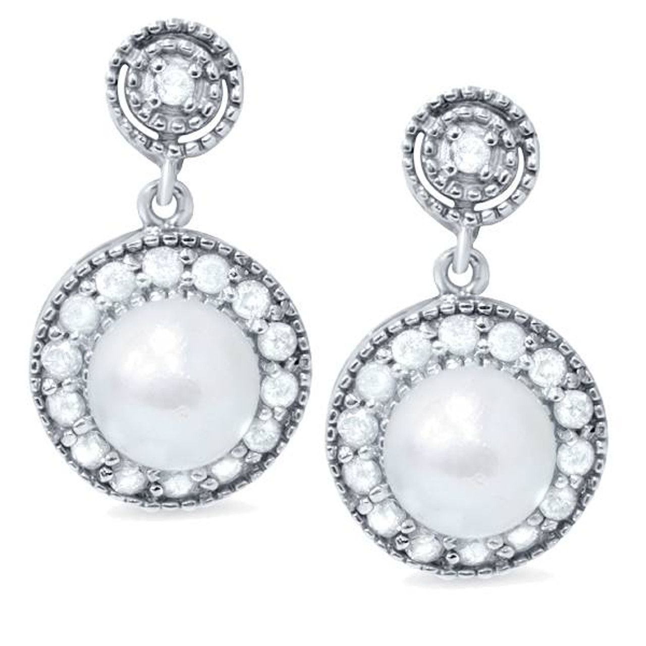 3/8ct Diamond & Pearl Vintage Gatsby Style Earrings 10K White Gold