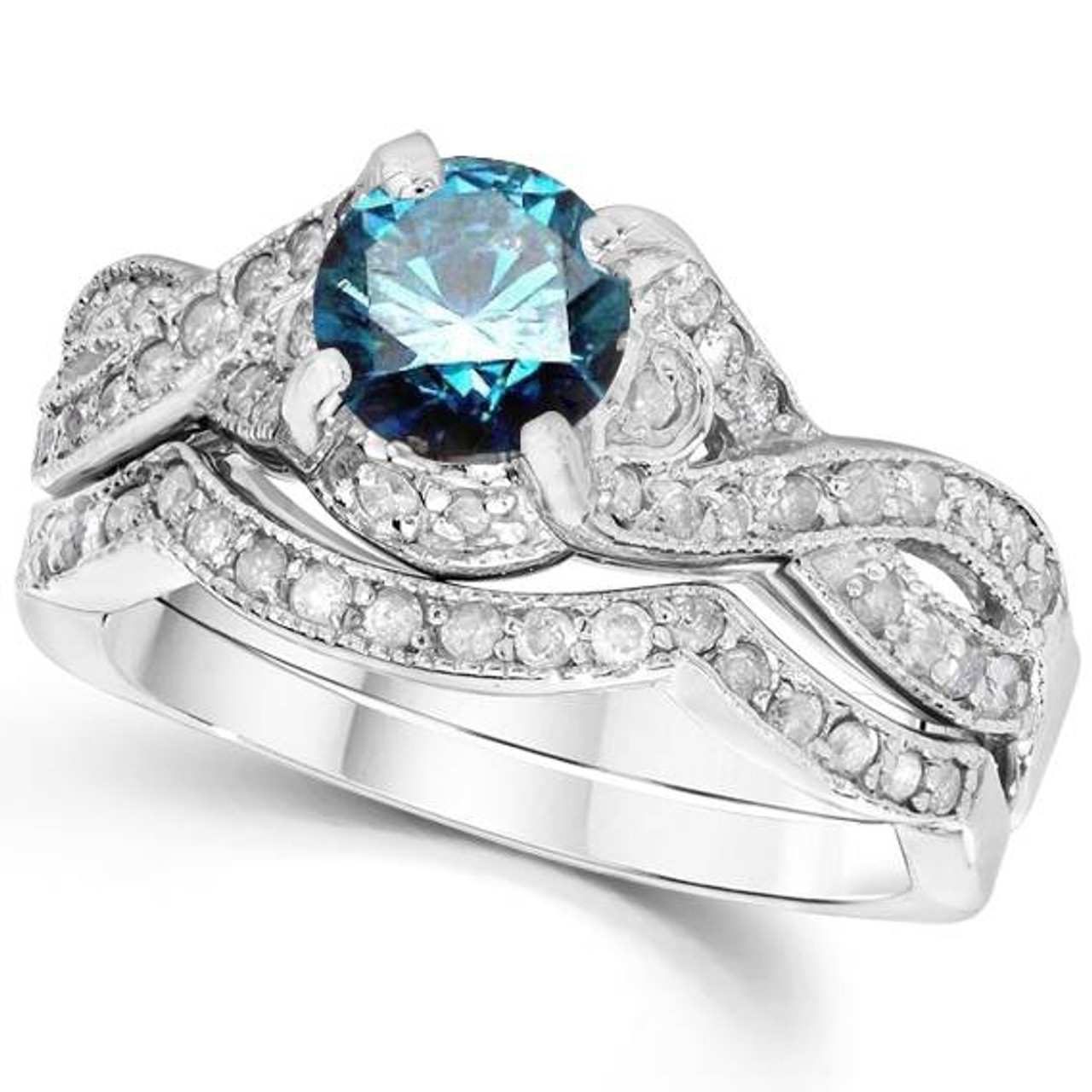 1 1 2ct Blue  Diamond  Engagement Ring  Infinity Set 14K 