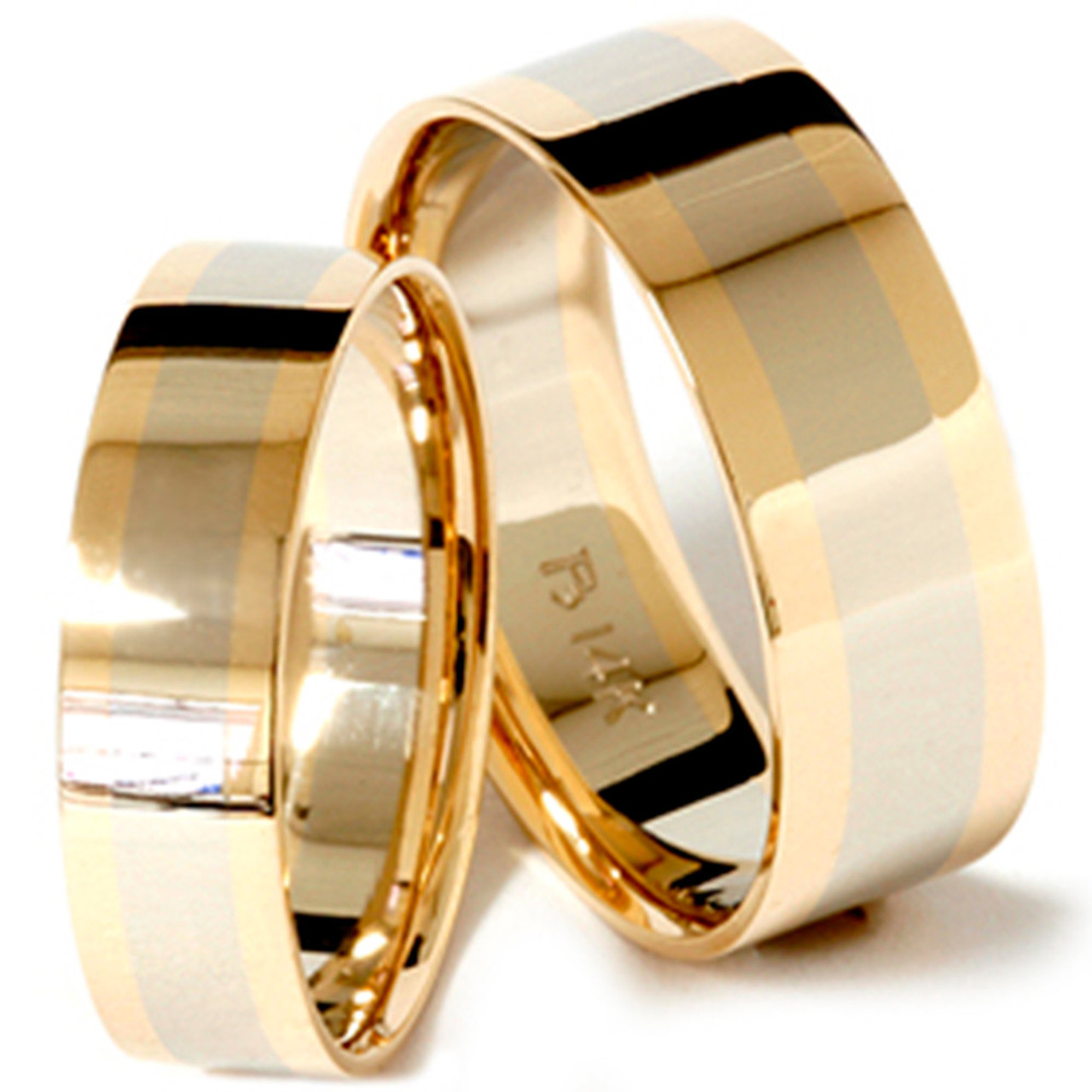 8/6mm Plain 14K Two Tone Wedding Band Set