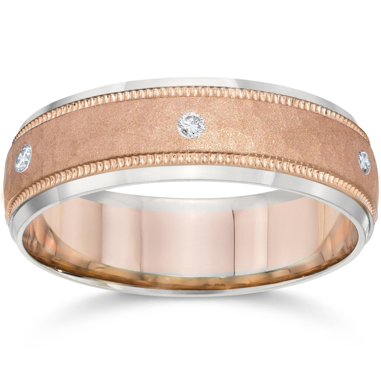 Mens Diamond 14k Rose White Gold Hammered Two Tone Wedding Band G H Si2 Mens Diamond 14k Rose White Gold Hammered Two Tone Wedding Band G H Si2