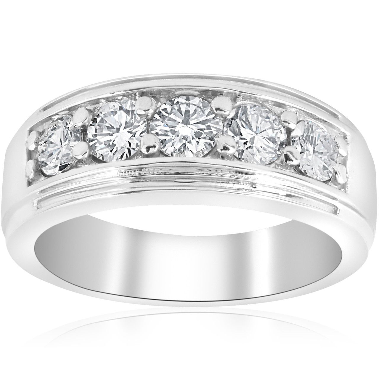 1 ct Mens  Diamond  Five Stone Wedding  Ring  14k White 